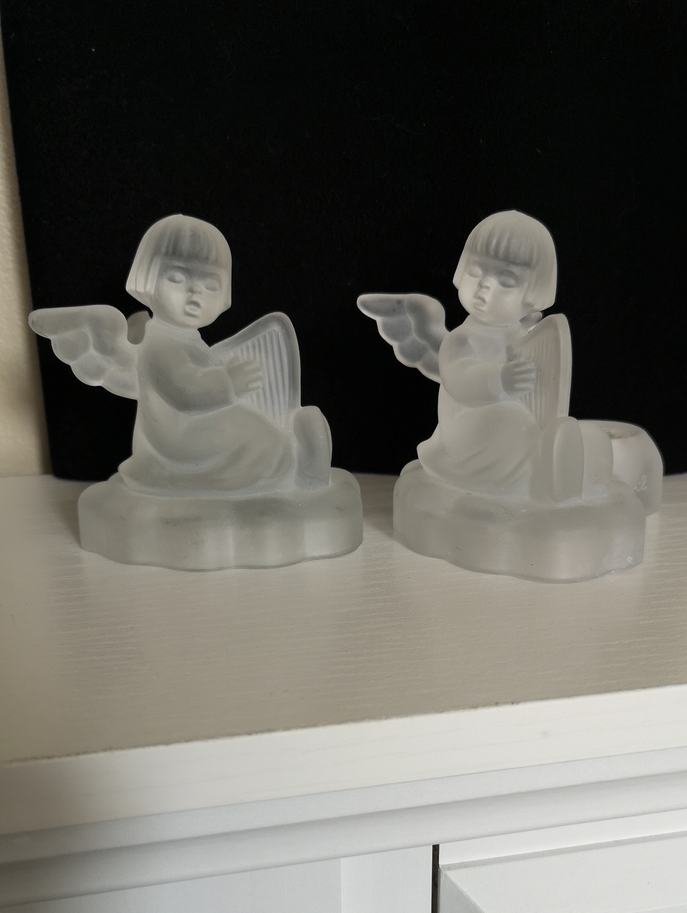 Incredibly Sweet Set of Two Goebel MJ Hummel Harp Angel Candle Holders Frosted
